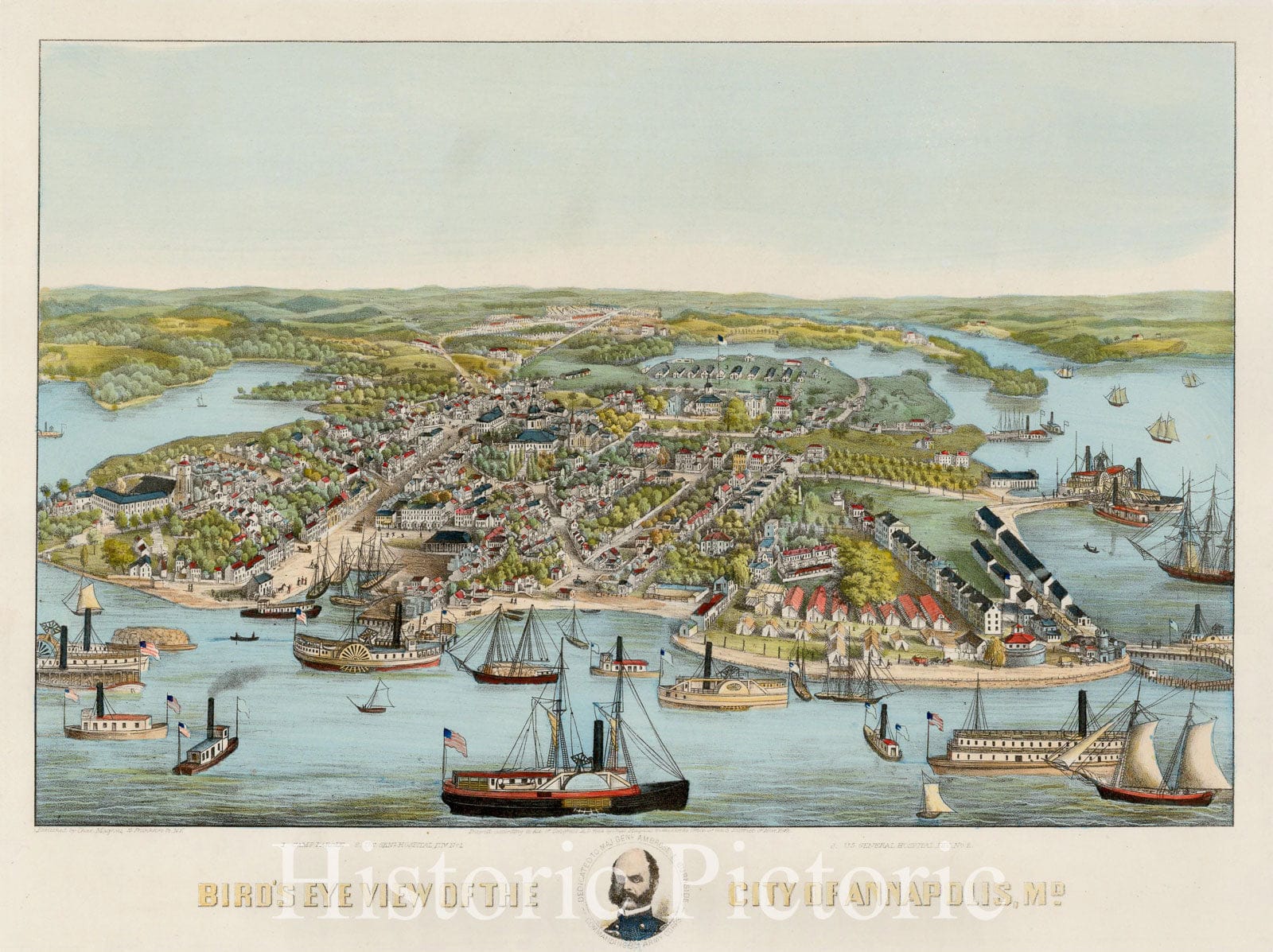 Historic Map - Bird's Eye View of the City of Annapolis, MD, 1864, Charles Magnus - Vintage Wall Art