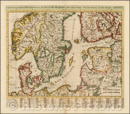 Historic Map - Partie Meridionale du Royaume de Suede avec une Table des Provinces et des Villes Principales including Baltic Sea, Estonia, Latvia, 1714 v2