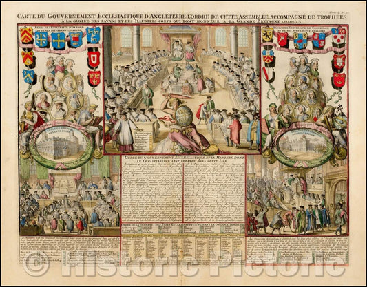 Historic Map - Carte Du Gouvernement Ecclesiastique D'Angleterre: Lordre De Cette Assemblee, Accomagne De Trophees A la Gloire Des Savans, 1719, Henri Chatelain v2