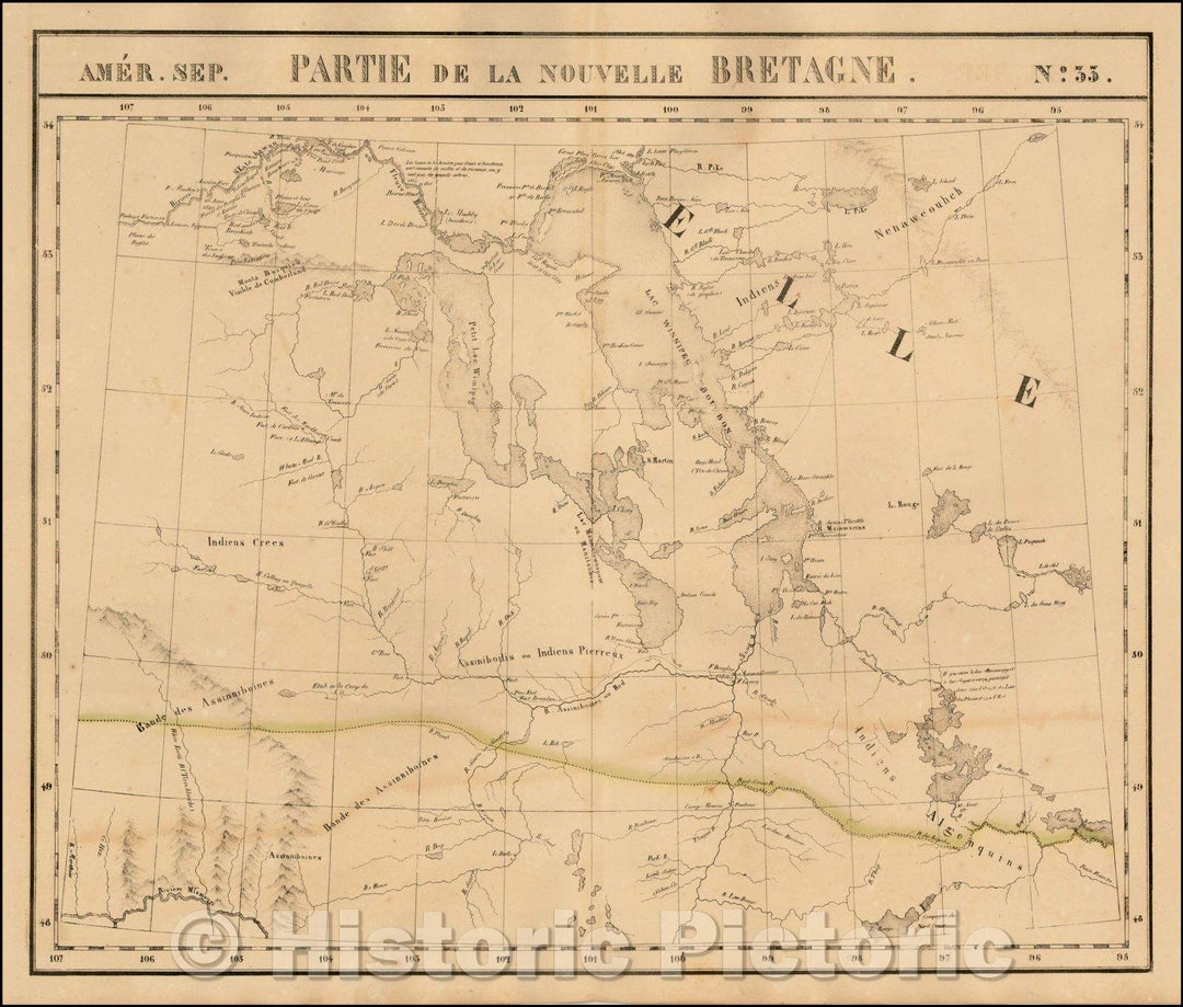 Historic Map - Amer. Sep. No. 33. Partie De La Nouvelle Bretagne (Upper Missouri River, Lake Winnepeg, Lake of the Woods and Saskatehawan River], 1825 - Vintage Wall Art