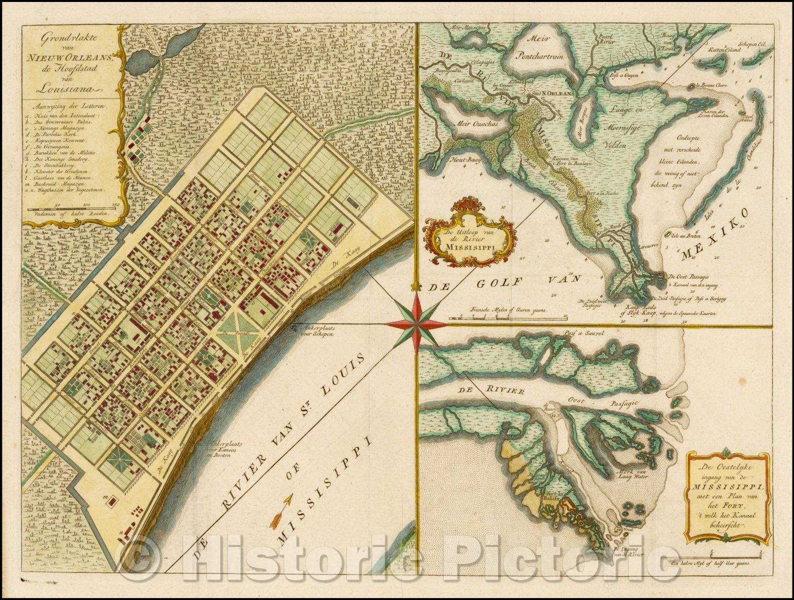 Historic Map - Grondvlakte van Nieuw Orleans, de Hoofdstad van Louisiana with De Uitloop vande Rivier Missisippi and De Oostelyke ingang van de Missisippi, 1769 v1