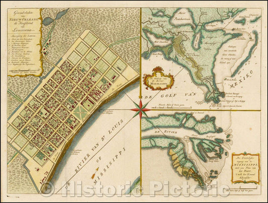 Historic Map - Grondvlakte van Nieuw Orleans, de Hoofdstad van Louisiana with De Uitloop vande Rivier Missisippi and De Oostelyke ingang van de Missisippi, 1769 v1
