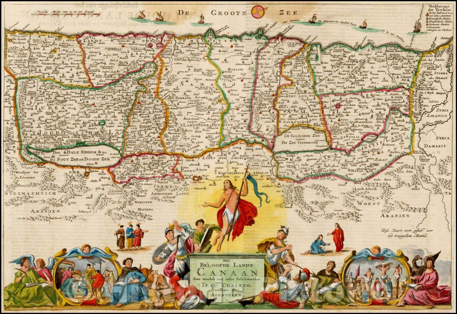 Historic Map - Het Beloofde Landt Canaan doorwandelt van onsen Saligmaker Jesus Christus neffens zyne Apostelen. :: Holy Land, Christ and the Apostles, 1740 - Vintage Wall Art