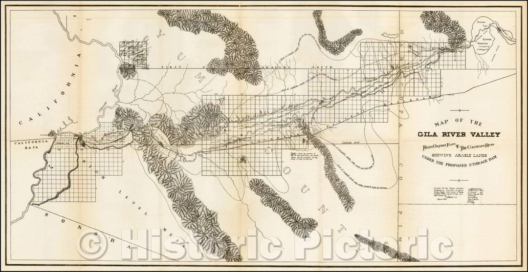 Historic Map - Map of the Gila River Valley From Oatman Flats to the Colorado River Showing Arable Lands Under the Proposed Storage Dam, 1889, Anonymous - Vintage Wall Art