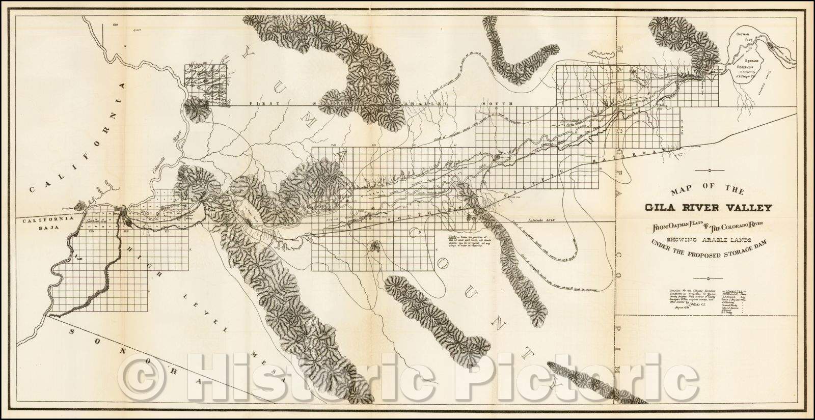 Historic Map - Map of the Gila River Valley From Oatman Flats to the Colorado River Showing Arable Lands Under the Proposed Storage Dam, 1889, Anonymous - Vintage Wall Art