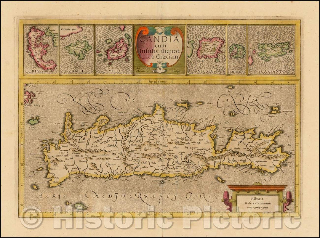 Historic Map - Candia cum Insulis aliquot circa Graeciam [Insets of Corfu, Zante, Milo, N, 1619 - Vintage Wall Art