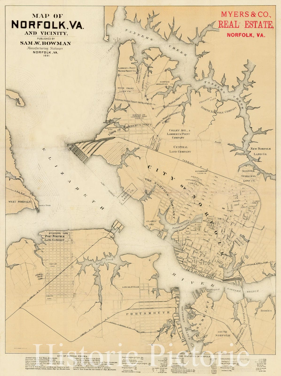 Historic Map - Map of Norfolk, Va. and Vicinity, 1891, Sam W. Bowman - Vintage Wall Art