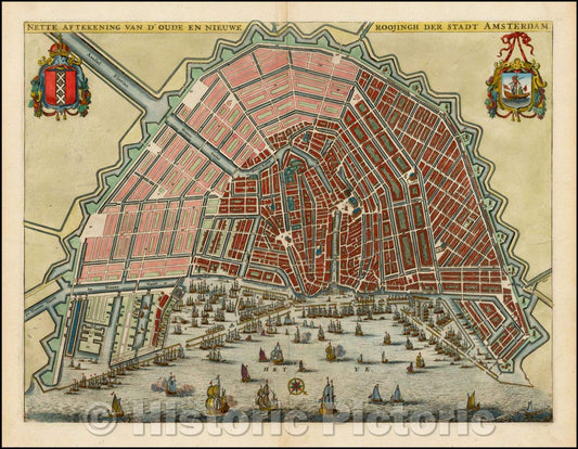 Historic Map - Nette Aftekening van d'Oude en Nieuwe Roojingh der Stadt Amsterdam/Plan of Amsterdam, published by Olfert Dapper, 1663, Olfert Dapper - Vintage Wall Art