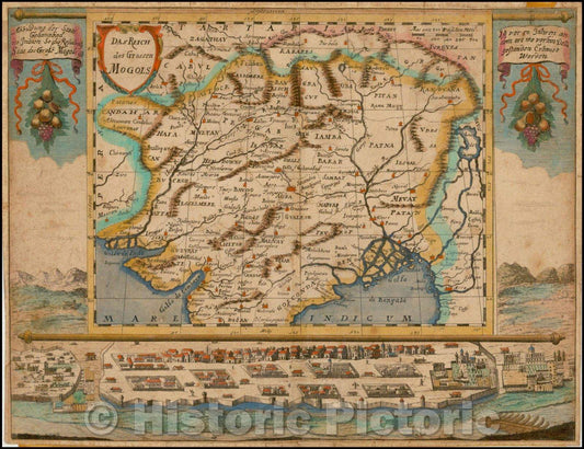 Historic Map - Das Reich Des Grossen Mogols/Map of Northern India, super-imposed over a View of Delhi, 1686, Johann Christoph Wagner - Vintage Wall Art