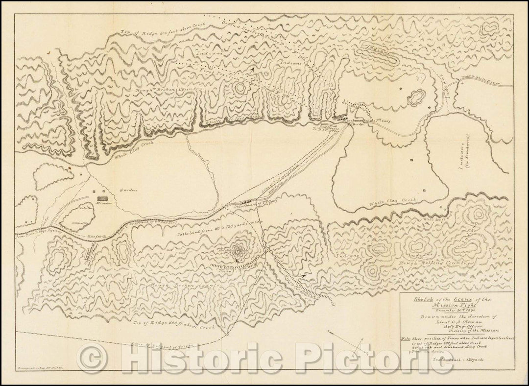 Historic Map - Battle of Wounded Knee Sketch of the Scene of the Mission Fight December 30th 1890, 1891, United States GPO - Vintage Wall Art