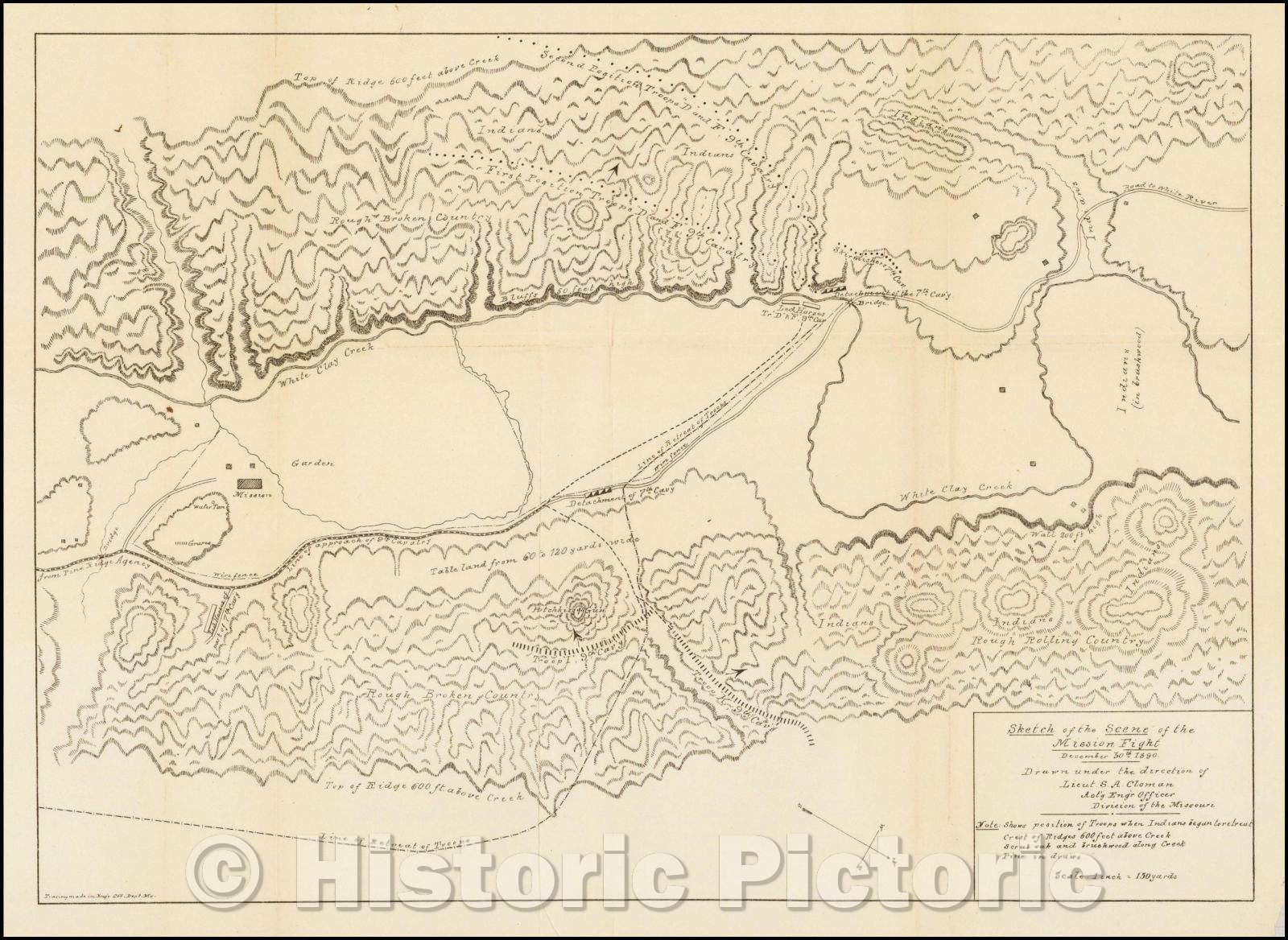 Historic Map - Battle of Wounded Knee Sketch of the Scene of the Mission Fight December 30th 1890, 1891, United States GPO - Vintage Wall Art