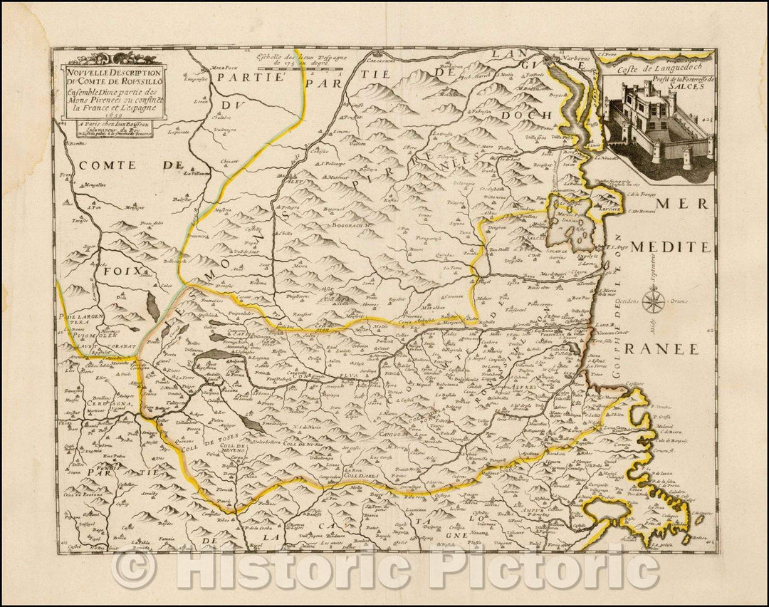 Historic Map - Nouvelle Description Du Comte Du Roussillo. Ensemble D'Une Partie de Mons Pirenees :: Southeastern France and northeastern Spain, 1639 - Vintage Wall Art