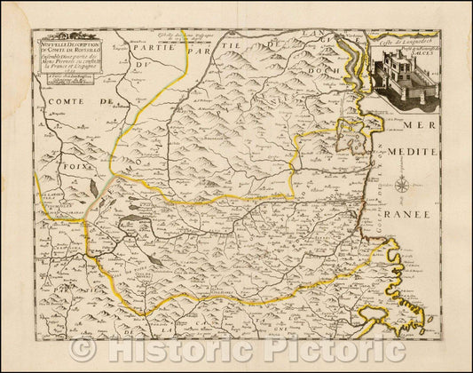 Historic Map - Nouvelle Description Du Comte Du Roussillo. Ensemble D'Une Partie de Mons Pirenees :: Southeastern France and northeastern Spain, 1639 - Vintage Wall Art