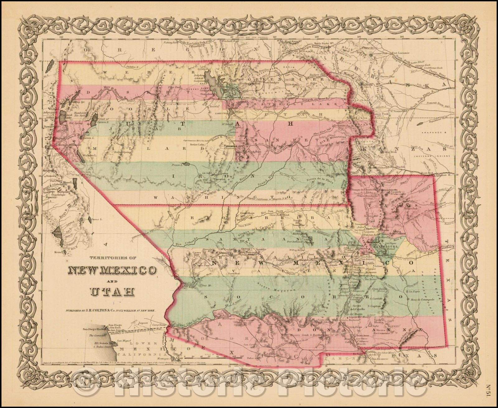 Historic Map - Territories of New Mexico and Utah, 1858, Joseph Hutchins Colton - Vintage Wall Art