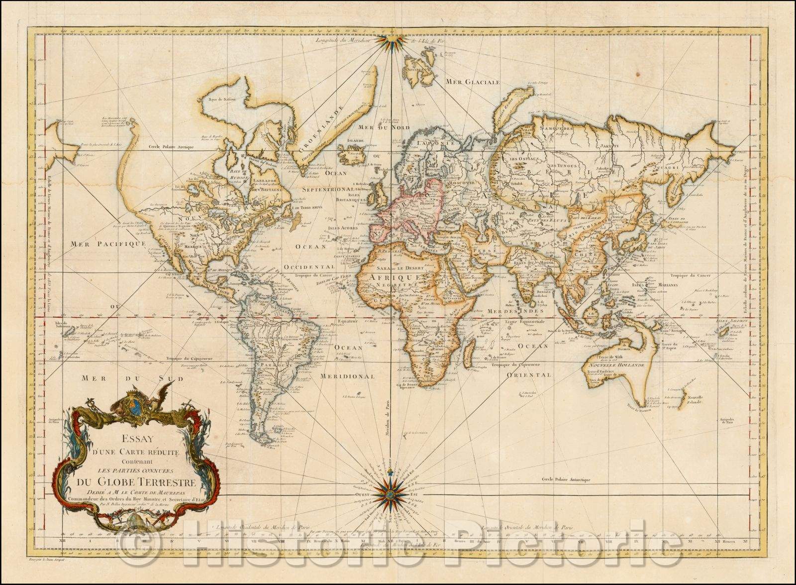 Historic Map - Essay D'Une Carte Reduite Contenant Les Parties Connuees Du Globe Terrestre Dedie A JM. Le Comte De Maurepas, 1748, Jacques Nicolas Bellin v3