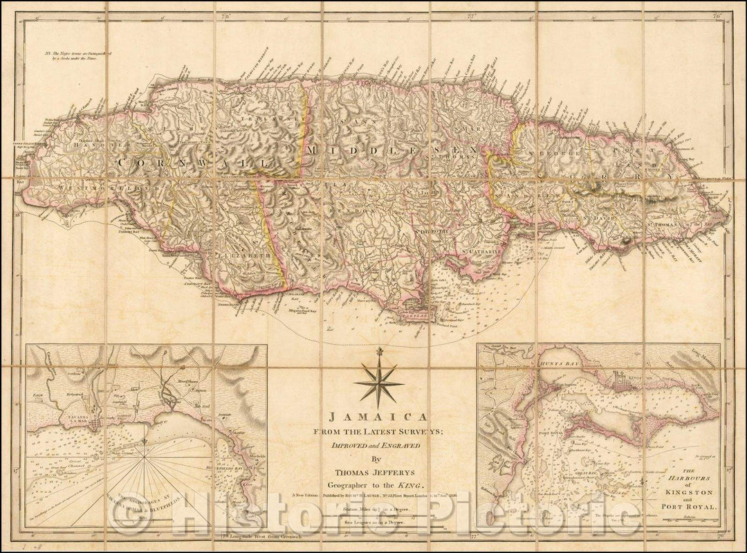 Historic Map - Jamaica from the Latest Surveys; Improved and Engraved, 1836, Richard Holmes Laurie - Vintage Wall Art