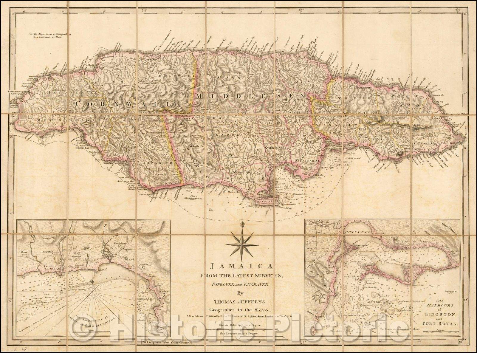 Historic Map - Jamaica from the Latest Surveys; Improved and Engraved, 1836, Richard Holmes Laurie - Vintage Wall Art