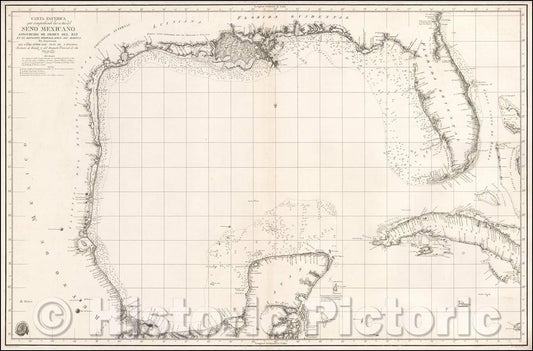 Historic Map - Carta esf?ica que comprehende las costas del Seno Mexicano construida/Spanish Sea Chart of the Gulf Coast, Florida, Texas, etc, 1799 - Vintage Wall Art