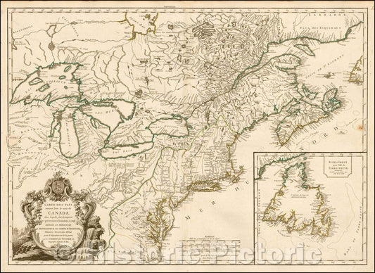 Historic Map - Carte Des Pays connus sous le nom de Canada dans laquelle sont distinguees les possessions/De Vaugondy's Map, 1753, Didier Robert de Vaugondy - Vintage Wall Art