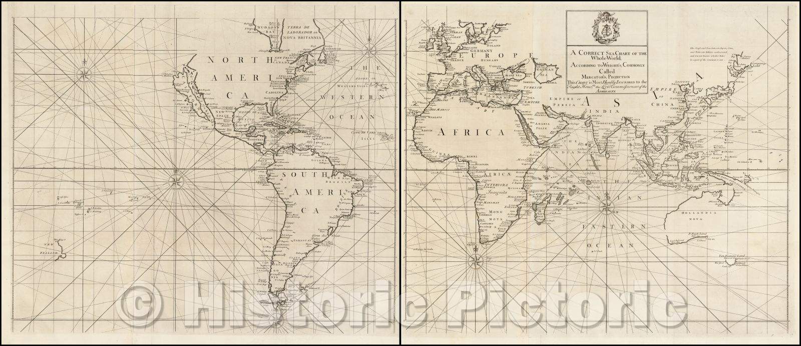 Historic Map - A Correct Sea Chart of the Whole World according to Wright's, Commonly Called Mercator's, Projection, 1728, John Senex - Vintage Wall Art