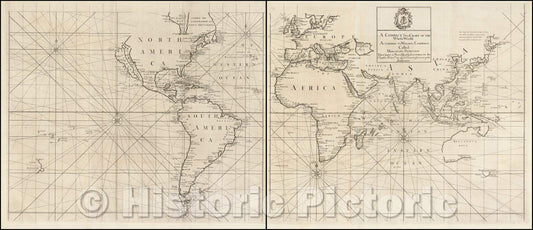 Historic Map - A Correct Sea Chart of the Whole World according to Wright's, Commonly Called Mercator's, Projection, 1728, John Senex - Vintage Wall Art