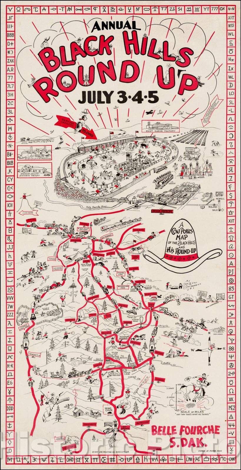 Historic Map - A Cow Pokes Map of the Black Hills and His Round Up. Belle Fourche S. Dak, 1937, Frank Dier - Vintage Wall Art