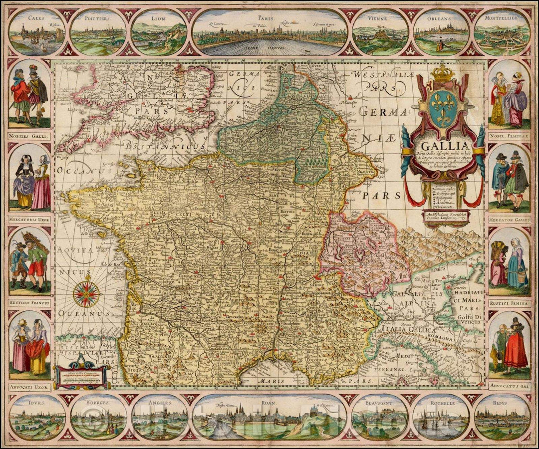 Historic Map - Gallia Nova Galliae descriptio multis in locis de intergro emendata/Map of France, published by Joannes Janssonius, 1635, Jan Jansson - Vintage Wall Art