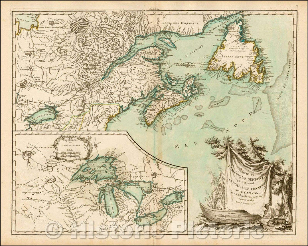 Historic Map - Partie De L'Amerique Septent? Qui comprend La Nouvelle France ou Le Canada, 1755, Didier Robert de Vaugondy v5