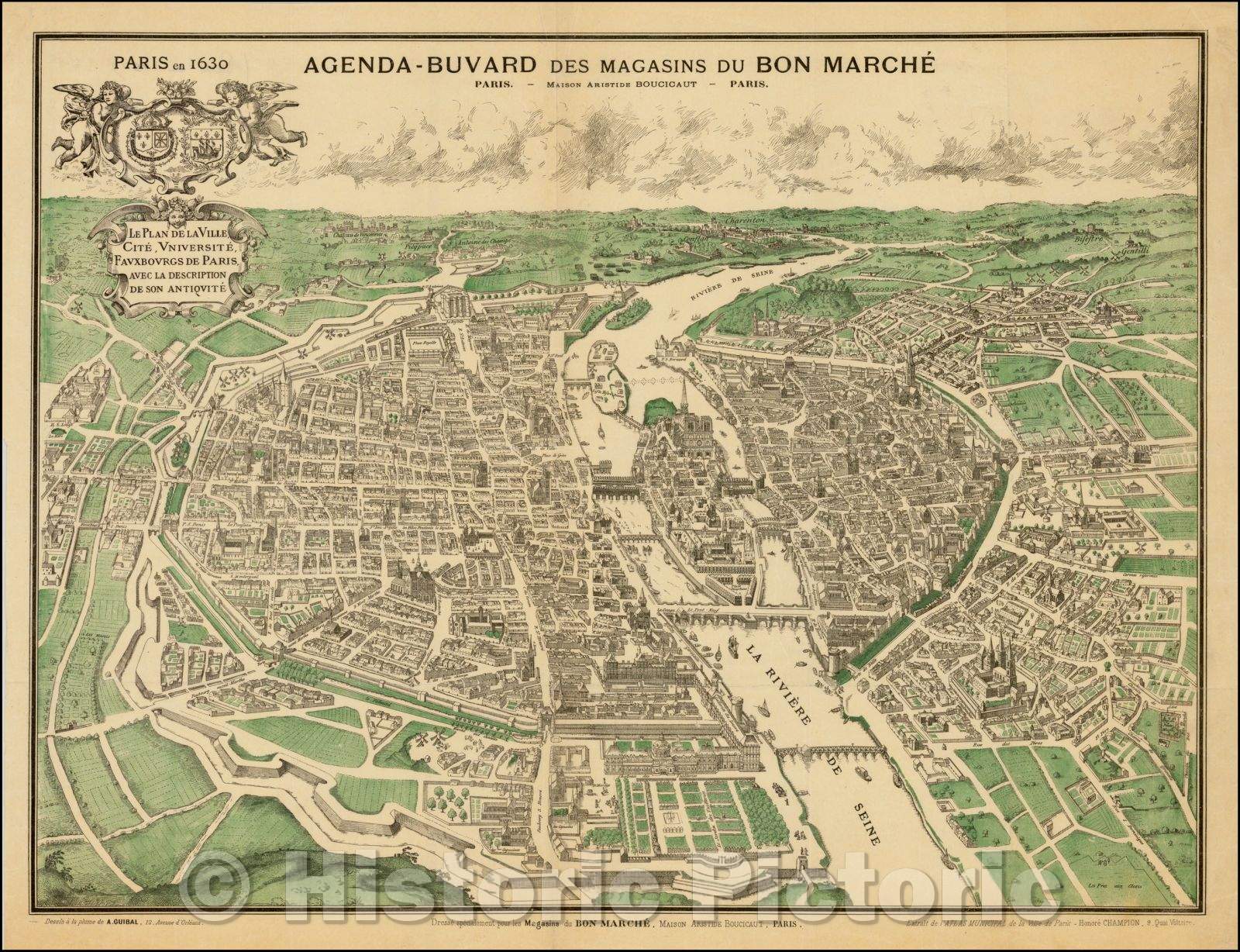 Historic Map - Paris en 1630 - Le Plan de la Ville, Cite, Universite, Faux/Plan of Paris, Magasins du Bon-Marches as a promotional supplement, 1890 - Vintage Wall Art