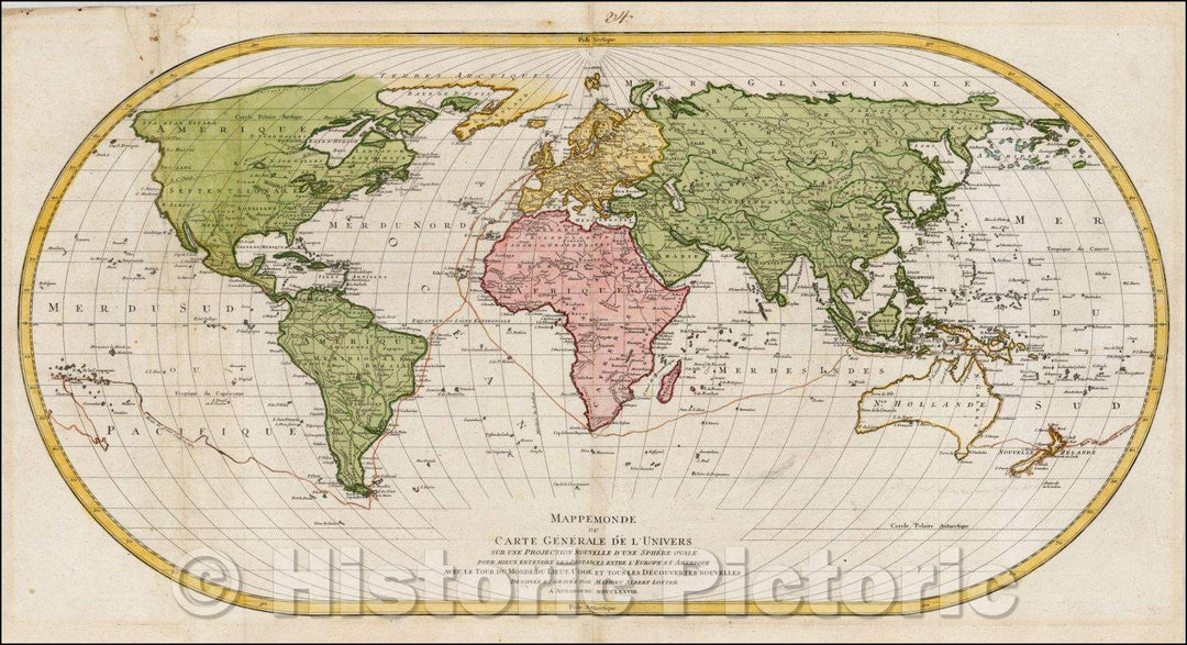 Historic Map - Mappe Monde ou Carte Generale de L' Univers Sur Une Projection Nouvelle D'Une Sphere Ovale, 1778, Mathais Albrecht Lotter - Vintage Wall Art
