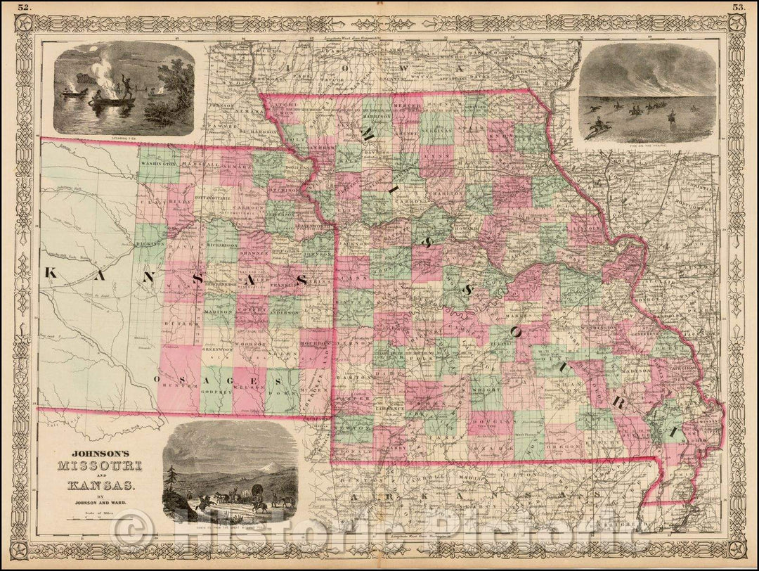 Historic Map - Johnson's Missouri and Kansas, 1863, Benjamin Ward v1