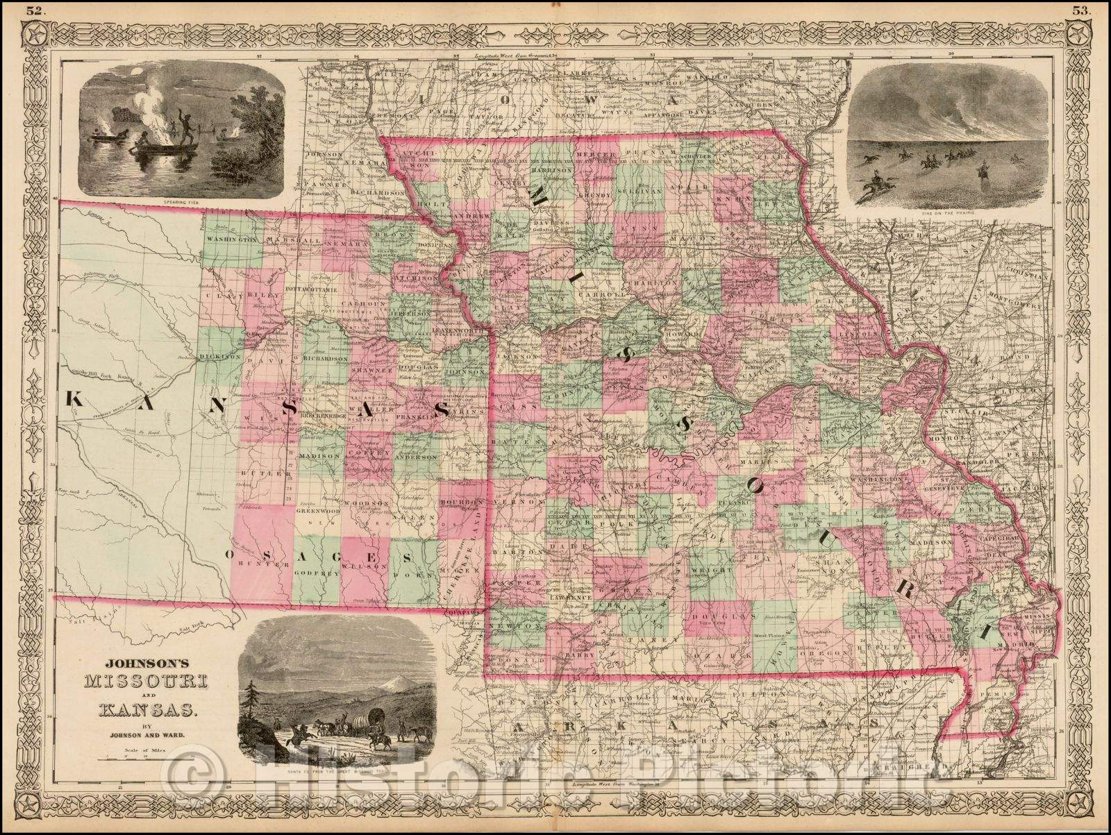 Historic Map - Johnson's Missouri and Kansas, 1863, Benjamin Ward v1