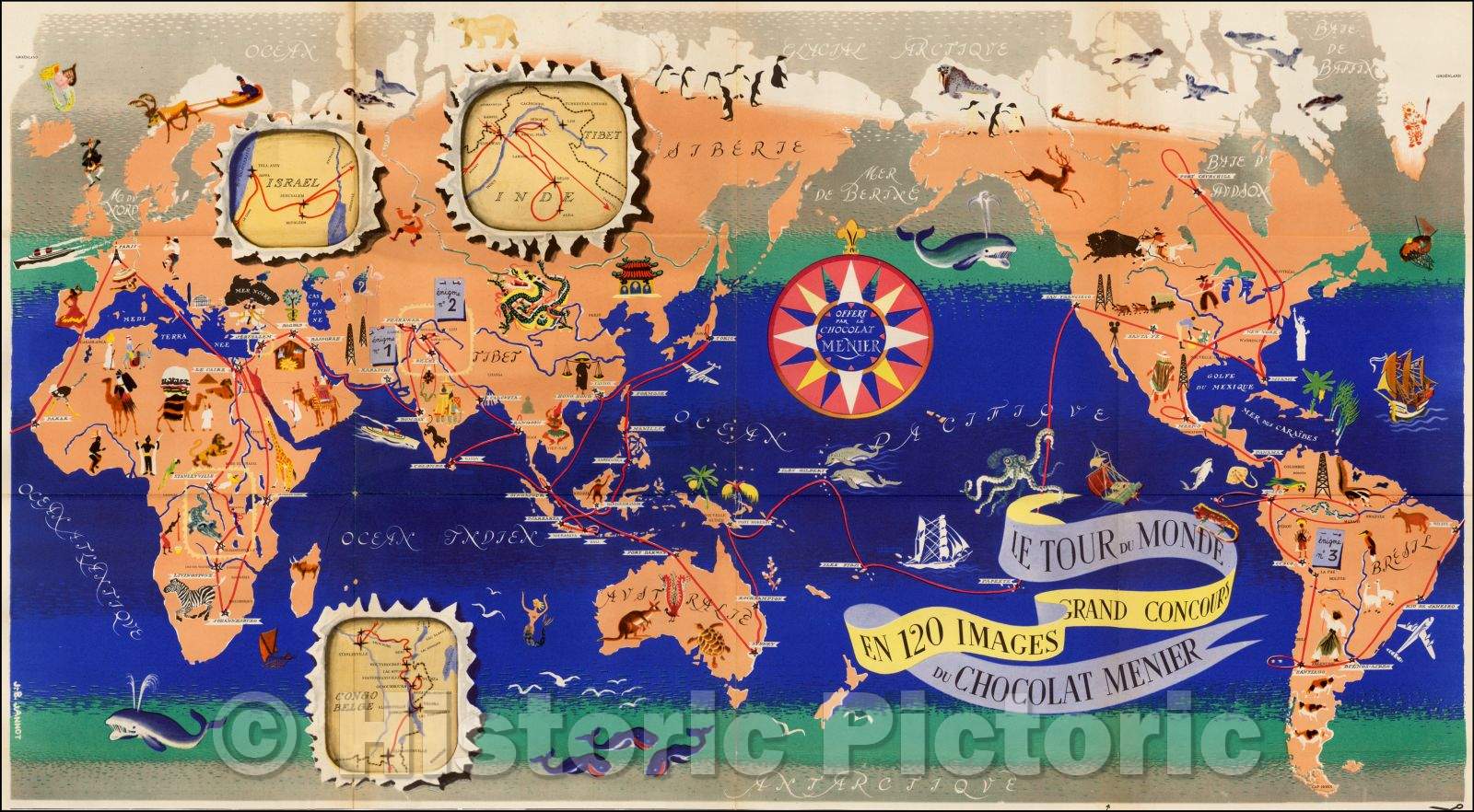 Historic Map - Le Tour du Monde en 120 Images Grand Concours du Chocalat Menier, 1956, J.B. Jannot - Vintage Wall Art