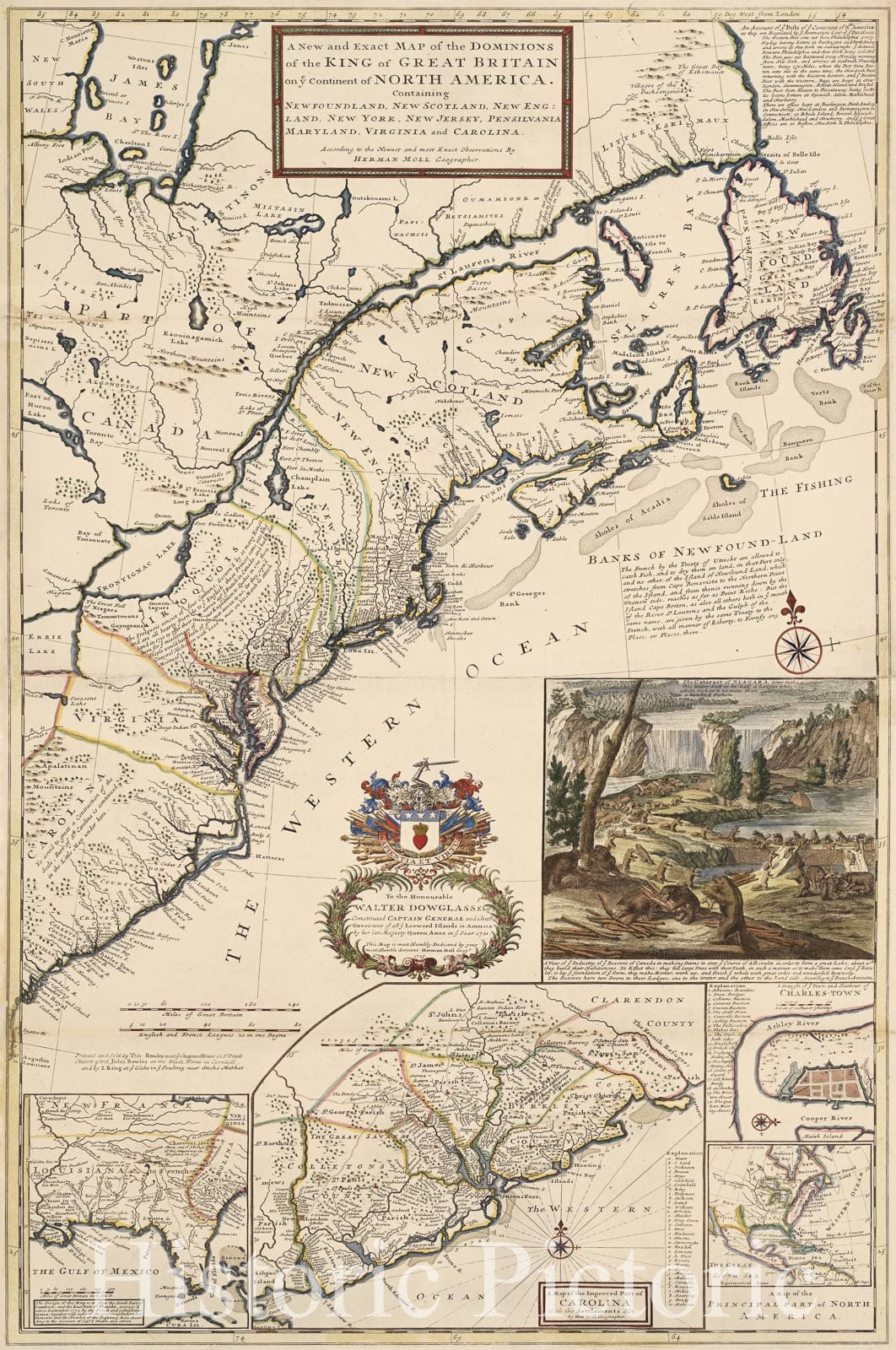 Historic Map - A New and Exact Map of the Dominions of the King of Great Britain on ye Continent of North America[the Beaver Map], 1731, Herman Moll - Vintage Wall Art