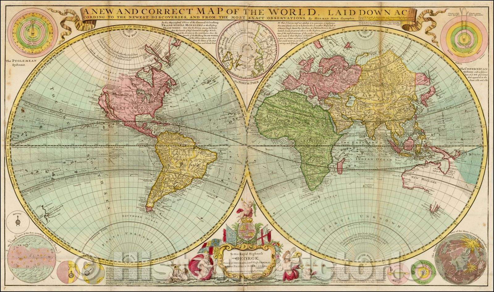 Historic Map - A New and Correct Map of the World Laid Down According to the Newest Discoveries, and from the Most Exact Observations, 1730, Herman Moll v2