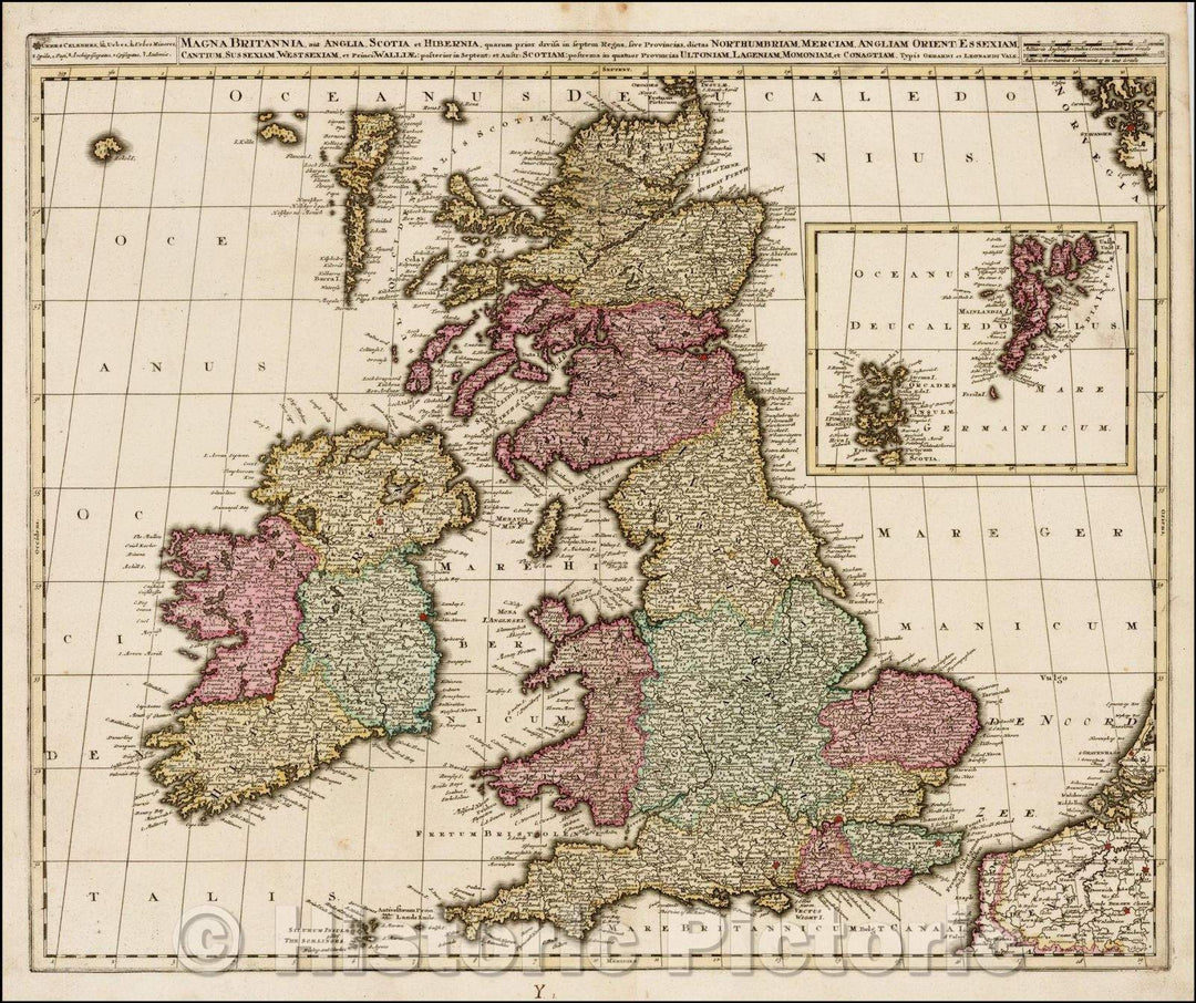 Historic Map - Magna Britannia, aut Anglia, Scotia et Hibernia, quarum Prior Divisa in Septem Regna/Map of the British Isles, colored by counties, 1705 - Vintage Wall Art