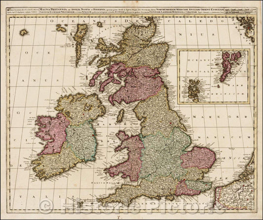 Historic Map - Magna Britannia, aut Anglia, Scotia et Hibernia, quarum Prior Divisa in Septem Regna/Map of the British Isles, colored by counties, 1705 - Vintage Wall Art