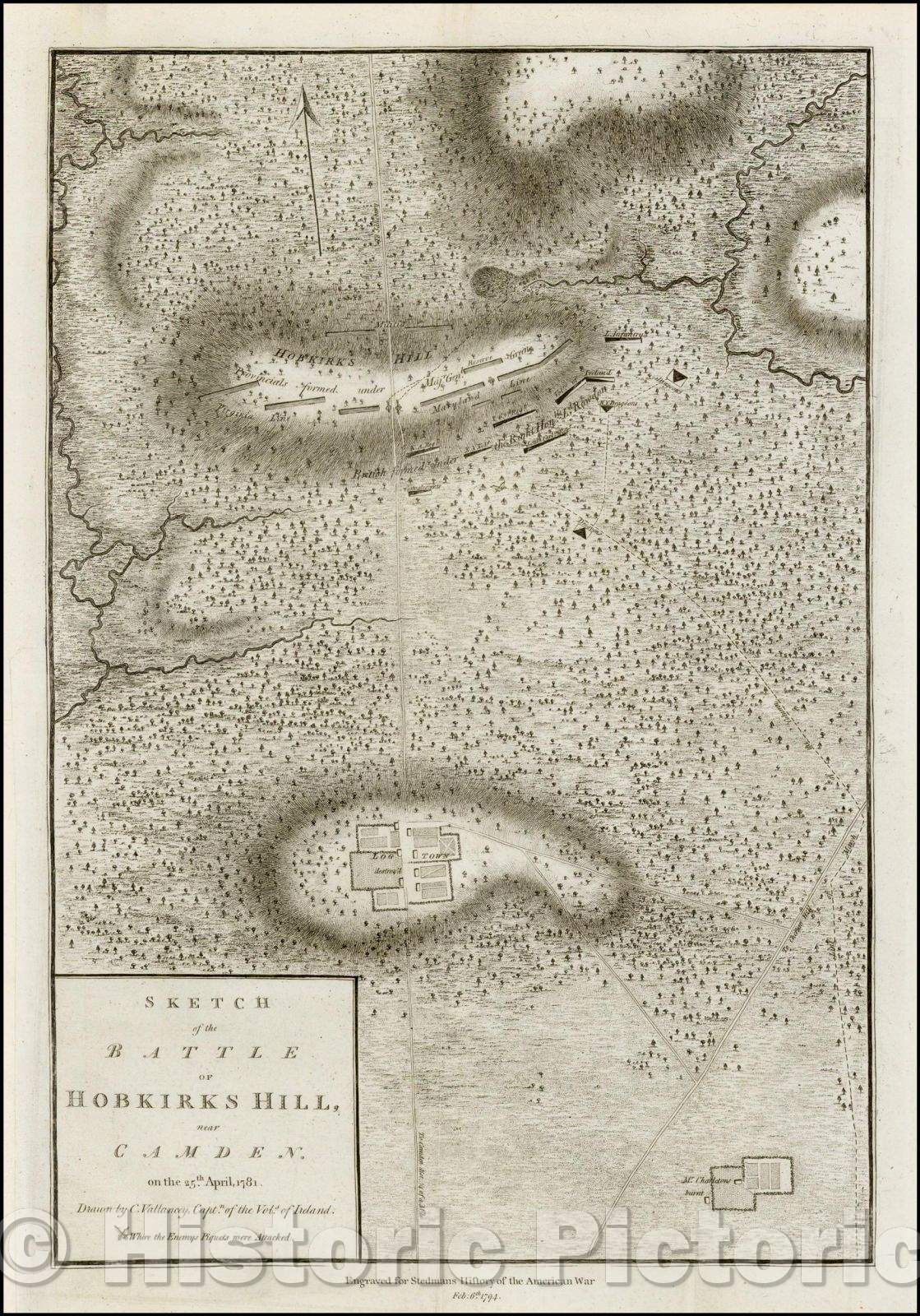 Historic Map - Sketch of the Battle of Hobkirks Hill near Camden on the 25th of April 1781, 1794, William Faden - Vintage Wall Art