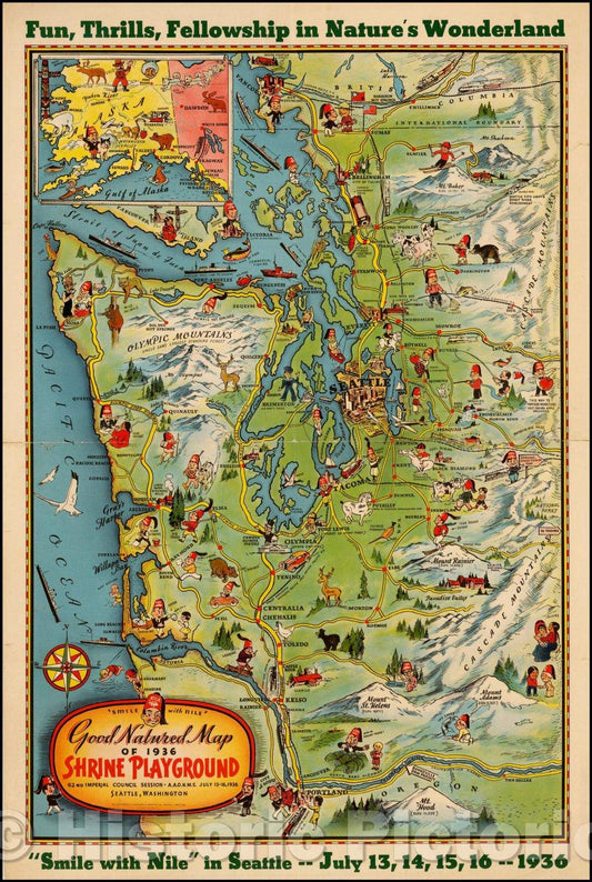 Historic Map - Good Natured Map of 1936 Shrine Playground. 62nd Imperial Council Session. A.A.O.N.M.S. July 13-16, 1936, 1936, Farwest Lithography - Vintage Wall Art