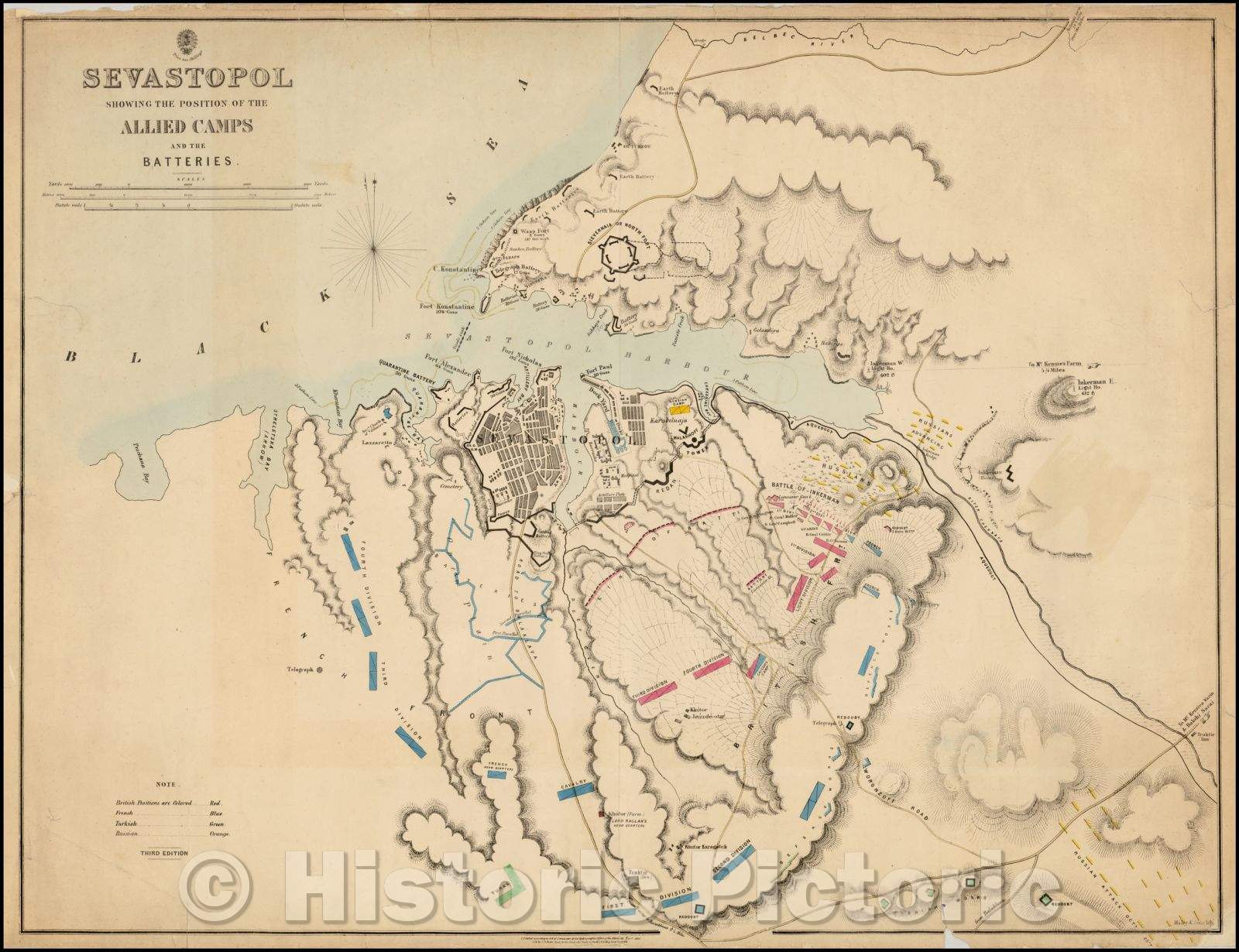 Historic Map - Sevastapol Showing The Positions of the Allied Camps and the Batteries, 1854, British Admiralty - Vintage Wall Art