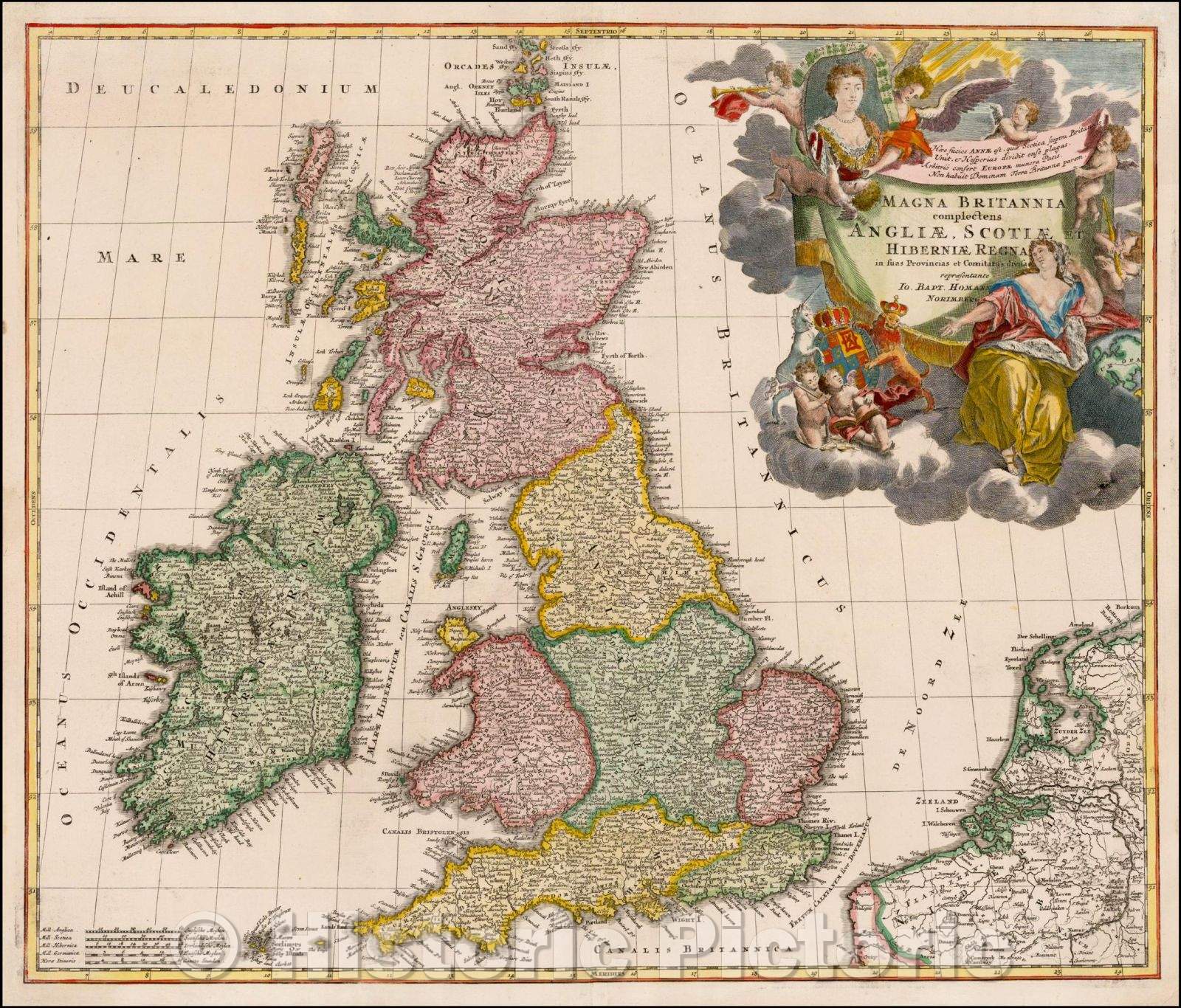 Historic Map - Magna Britannia complectens Angliae, Scotiae et Hiberniae Regna in suas Provincias et Comitatus divisa, 1710, Johann Baptist Homann v1
