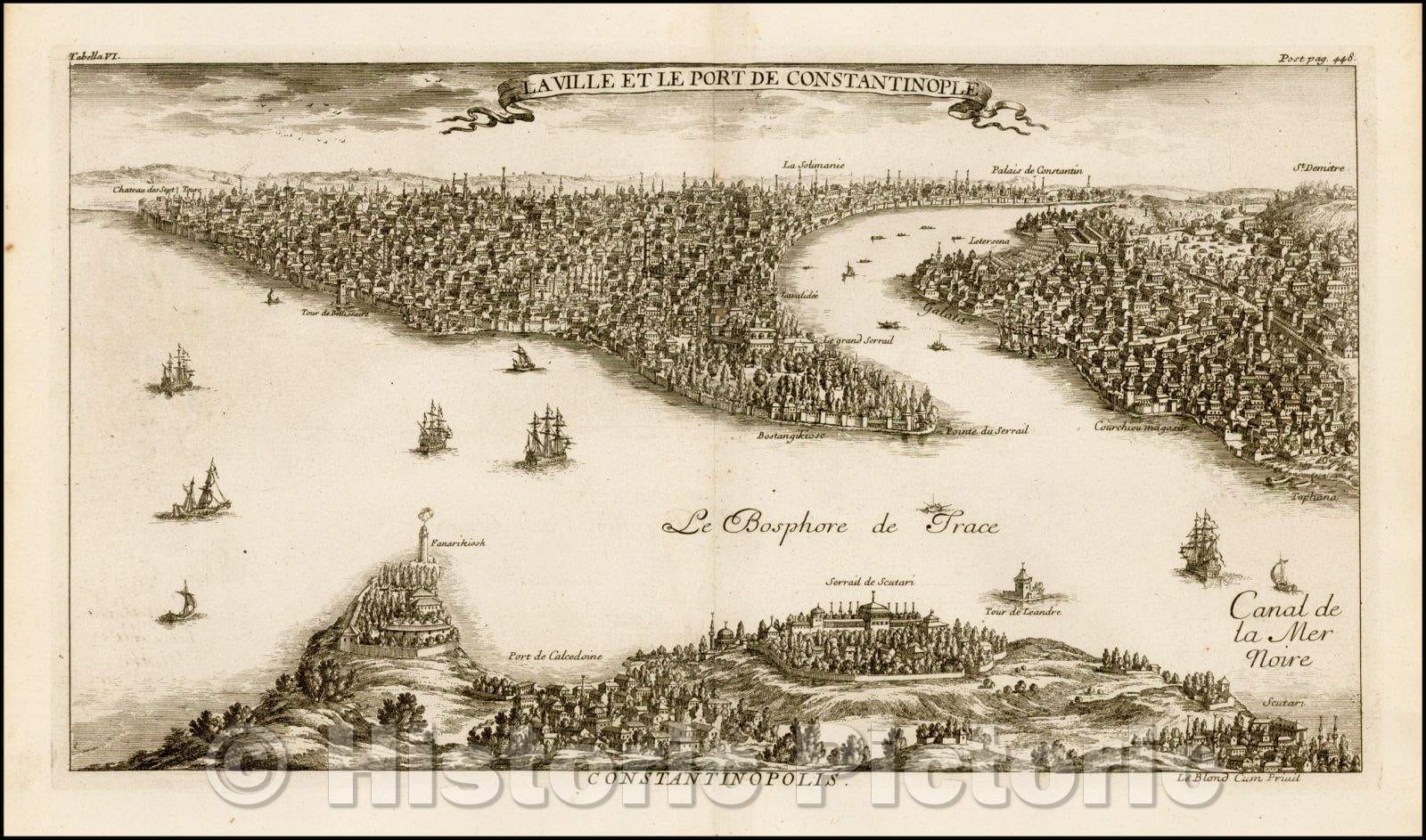 Historic Map - La Ville Et Le Port De Constantinople :: View of Constantinople, extending from St. Demitre to Chateau De Sept Tours and Scutari to Fanarikiosk, 1711 - Vintage Wall Art