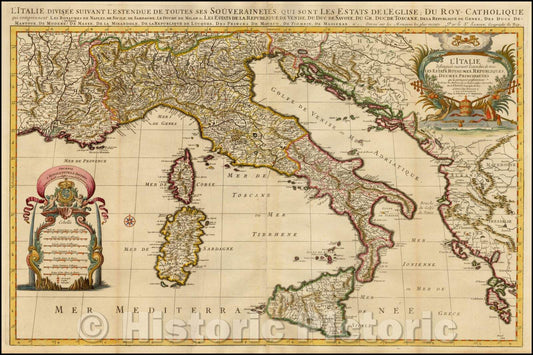 Historic Map - L'Italie Distinguee Suivant L'Estendue de tous Les Etats, Royaumes, Republiques, Duches, Principautes qui la partagent presentement, 1700 - Vintage Wall Art