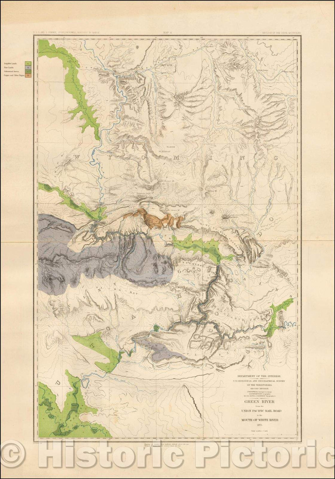 Historic Map - Green River from the Union Pacific Railroad to the Mouth of the White River, 1873, United States Department of the Interior - Vintage Wall Art