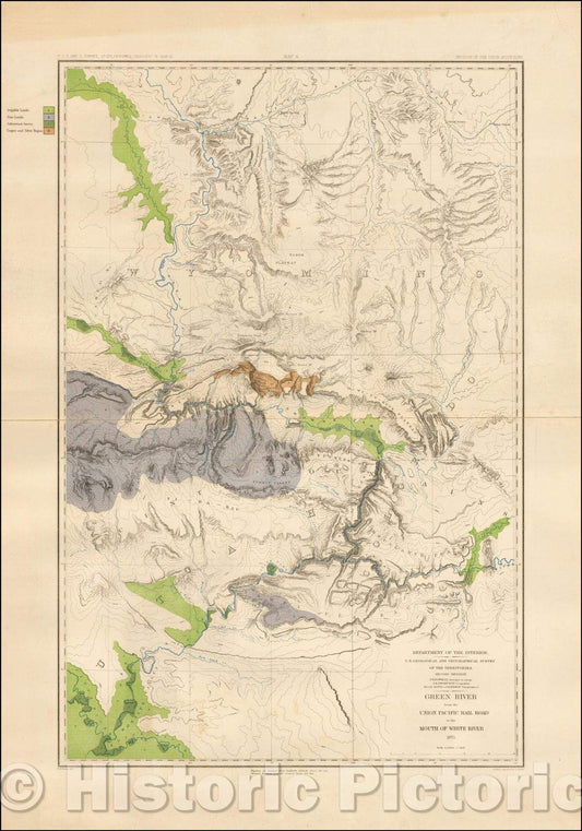 Historic Map - Green River from the Union Pacific Railroad to the Mouth of the White River, 1873, United States Department of the Interior - Vintage Wall Art