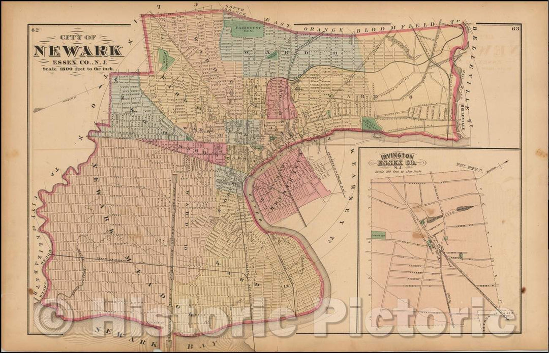 Historic Map - City of Newark Essex Co. N.J, 1872, Comstock & Cline Beers - Vintage Wall Art