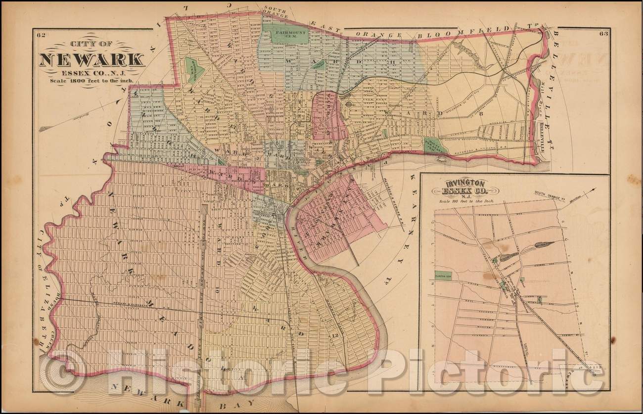 Historic Map - City of Newark Essex Co. N.J, 1872, Comstock & Cline Beers - Vintage Wall Art