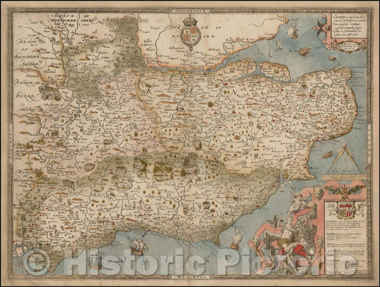 Historic Map - Cantii, Southsexiae, Surriae et Middelsexiae comitat, Una cum suis Undique confinibus, Oppidis, 1575 - Vintage Wall Art