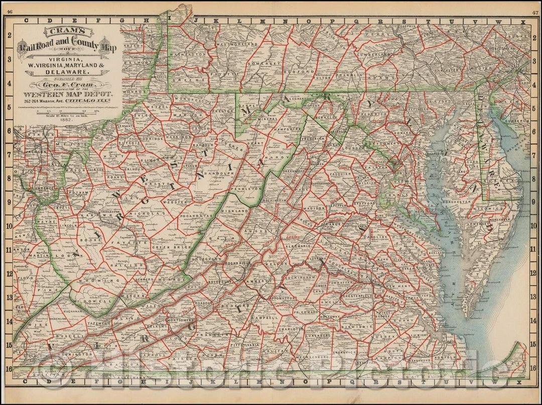 Historic Map - Cram's Rail Road & County Map of Virginia, W. Virginia, Maryland and Delaware, 1882, George F. Cram - Vintage Wall Art