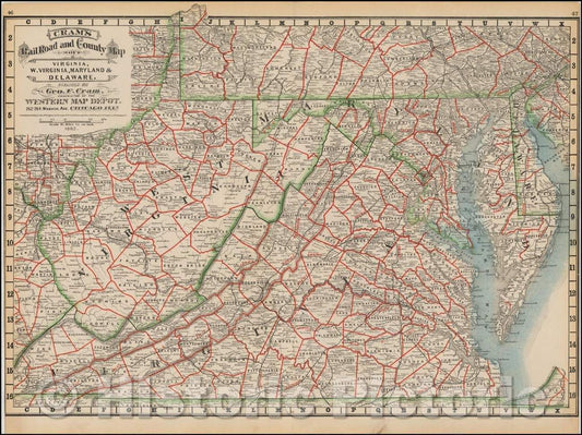 Historic Map - Cram's Rail Road & County Map of Virginia, W. Virginia, Maryland and Delaware, 1882, George F. Cram - Vintage Wall Art
